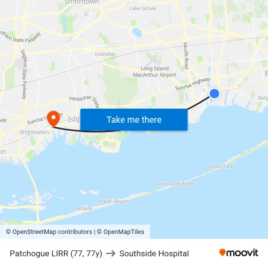 Patchogue LIRR (77, 77y) to Southside Hospital map