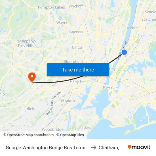 George Washington Bridge Bus Terminal to Chatham, NJ map