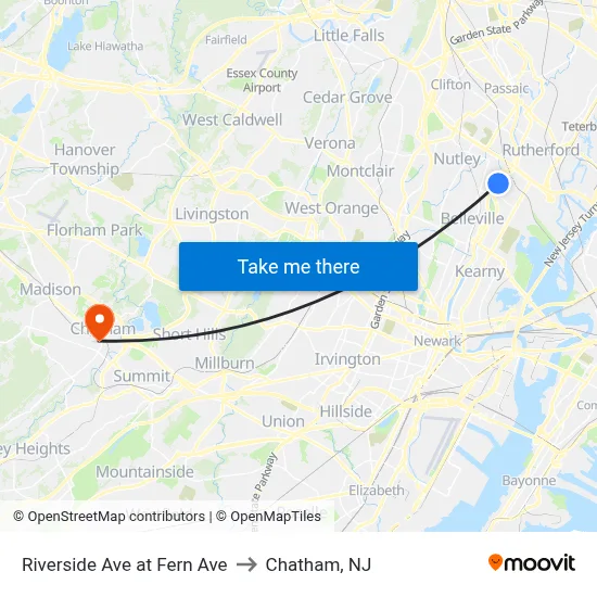 Riverside Ave at Fern Ave to Chatham, NJ map