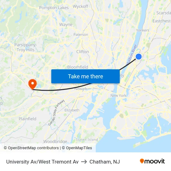 University Av/West Tremont Av to Chatham, NJ map