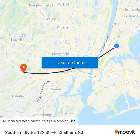 Southern Blvd/E 182 St to Chatham, NJ map