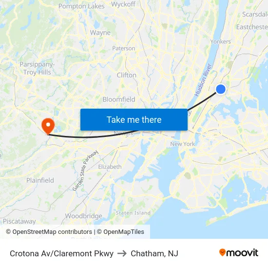Crotona Av/Claremont Pkwy to Chatham, NJ map