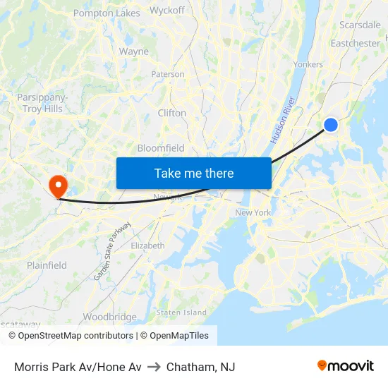 Morris Park Av/Hone Av to Chatham, NJ map