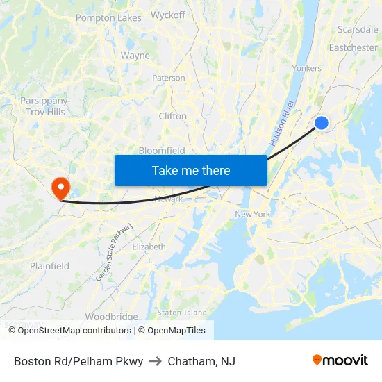 Boston Rd/Pelham Pkwy to Chatham, NJ map