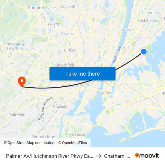 Palmer Av/Hutchinson River Pkwy East to Chatham, NJ map