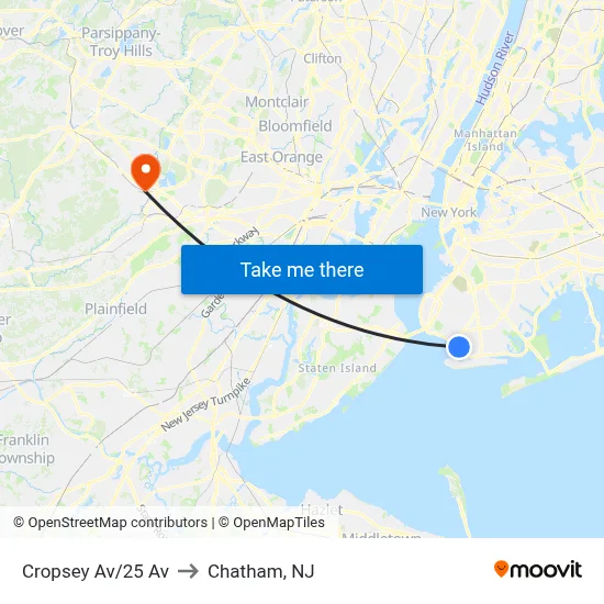 Cropsey Av/25 Av to Chatham, NJ map