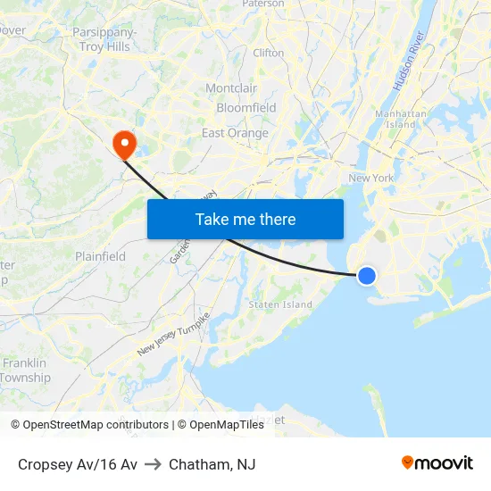Cropsey Av/16 Av to Chatham, NJ map