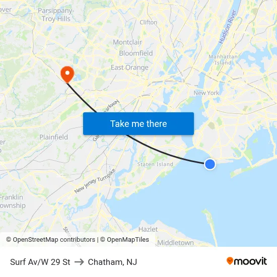 Surf Av/W 29 St to Chatham, NJ map