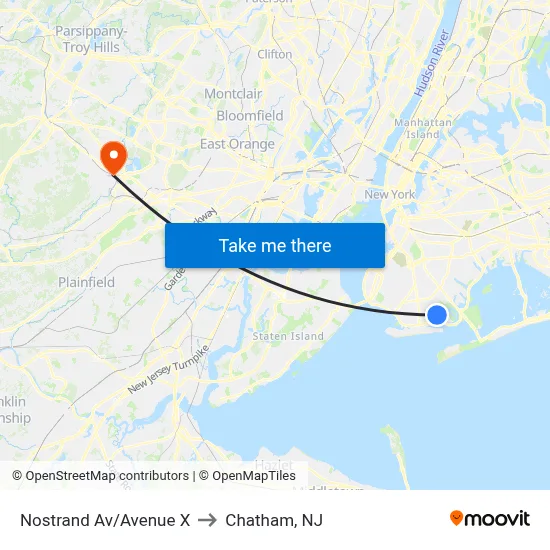Nostrand Av/Avenue X to Chatham, NJ map