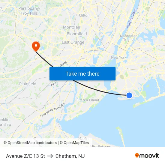 Avenue Z/E 13 St to Chatham, NJ map