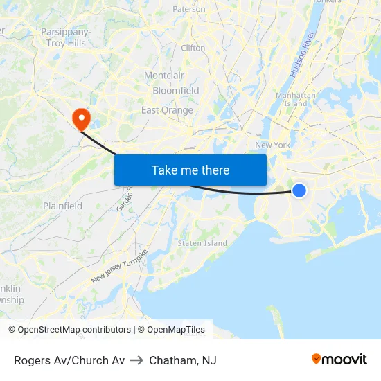 Rogers Av/Church Av to Chatham, NJ map