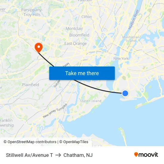 Stillwell Av/Avenue T to Chatham, NJ map