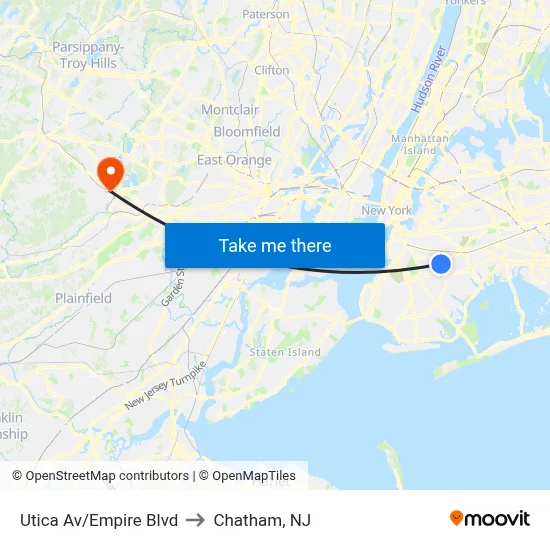 Utica Av/Empire Blvd to Chatham, NJ map