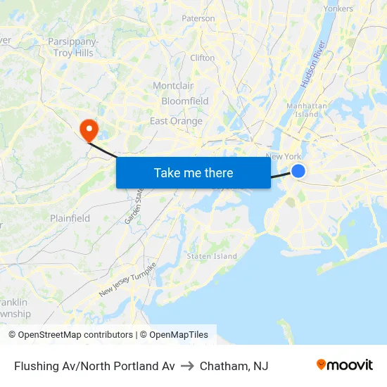 Flushing Av/North Portland Av to Chatham, NJ map