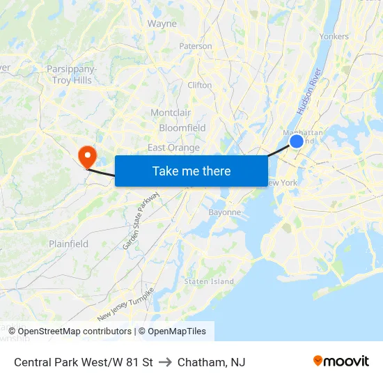 Central Park West/W 81 St to Chatham, NJ map