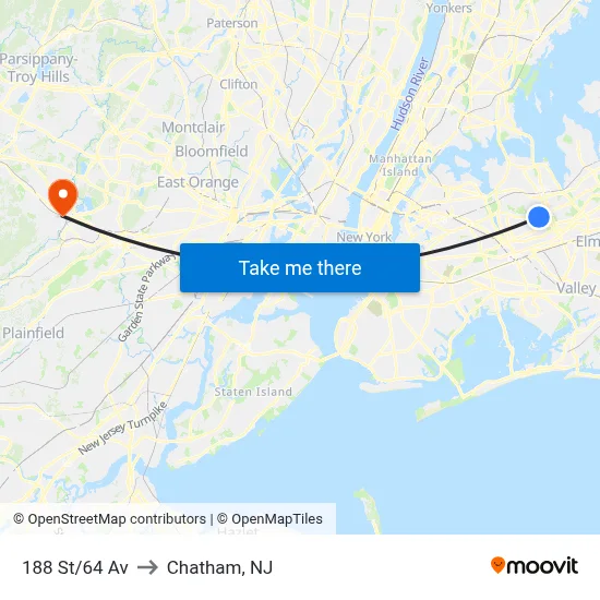 188 St/64 Av to Chatham, NJ map