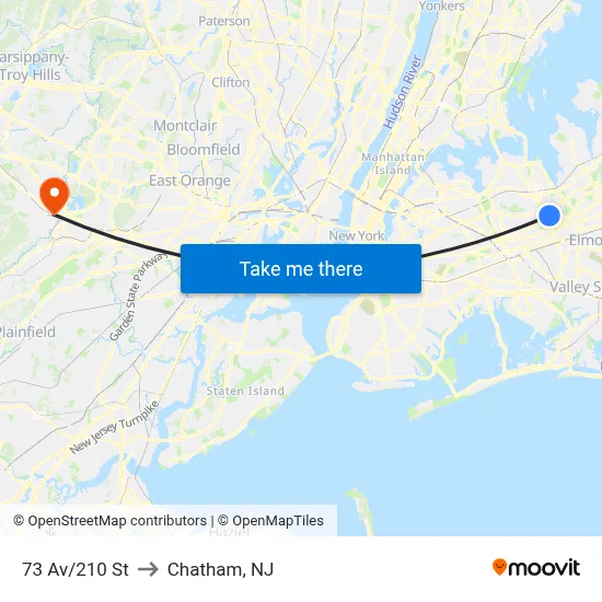 73 Av/210 St to Chatham, NJ map