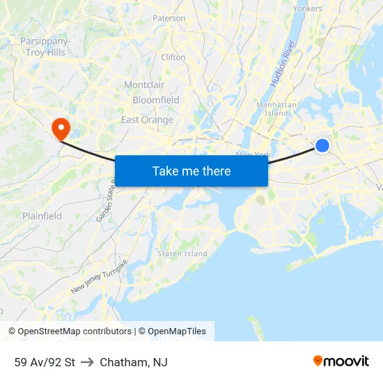 59 Av/92 St to Chatham, NJ map