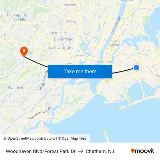 Woodhaven Blvd/Forest Park Dr to Chatham, NJ map