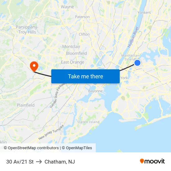 30 Av/21 St to Chatham, NJ map