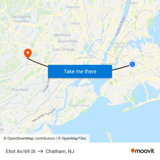 Eliot Av/69 St to Chatham, NJ map