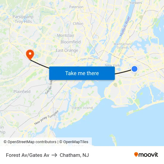Forest Av/Gates Av to Chatham, NJ map