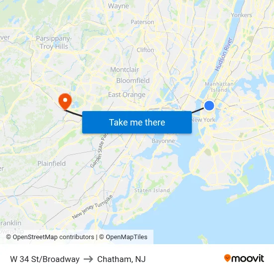 W 34 St/Broadway to Chatham, NJ map