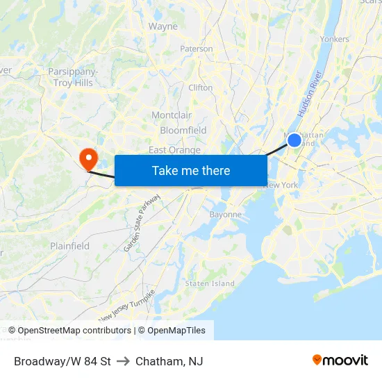 Broadway/W 84 St to Chatham, NJ map
