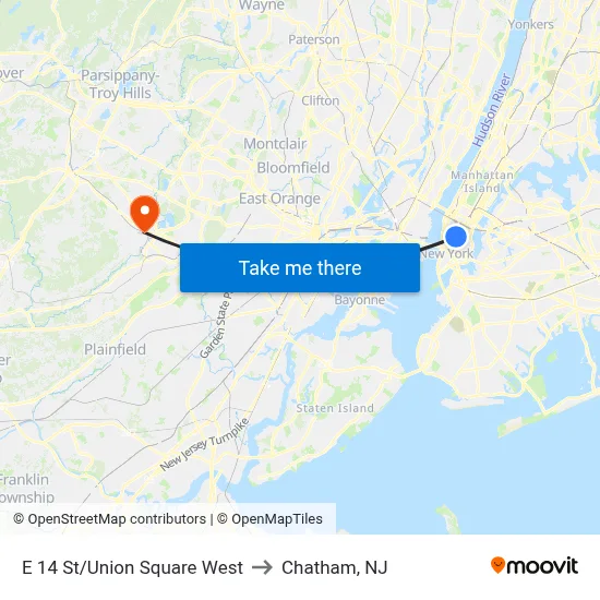 E 14 St/Union Square West to Chatham, NJ map