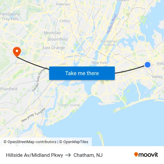Hillside Av/Midland Pkwy to Chatham, NJ map