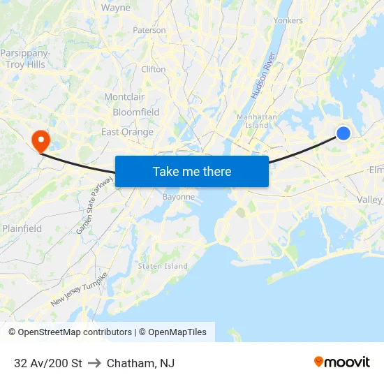 32 Av/200 St to Chatham, NJ map