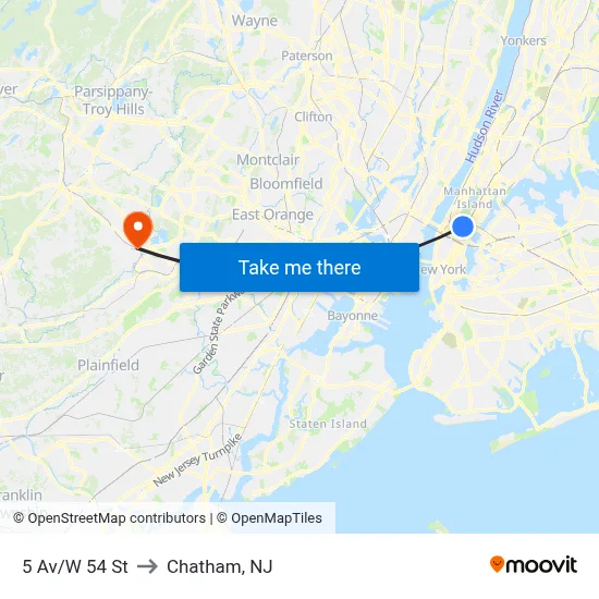 5 Av/W 54 St to Chatham, NJ map