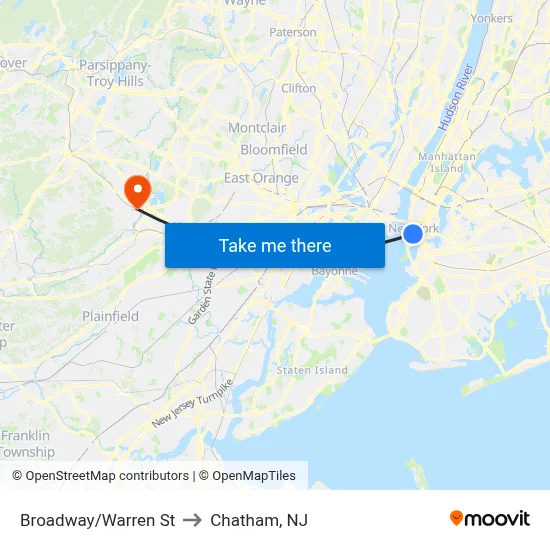 Broadway/Warren St to Chatham, NJ map