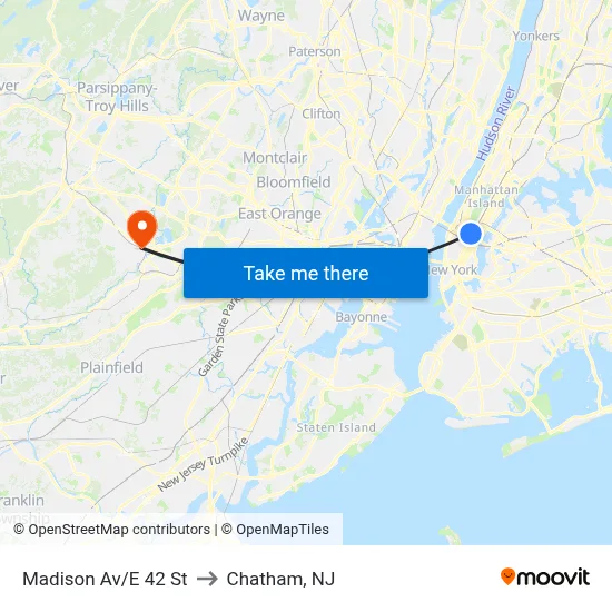 Madison Av/E 42 St to Chatham, NJ map
