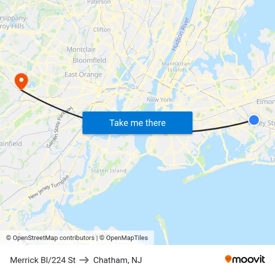 Merrick Bl/224 St to Chatham, NJ map