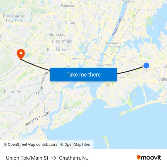 Union Tpk/Main St to Chatham, NJ map