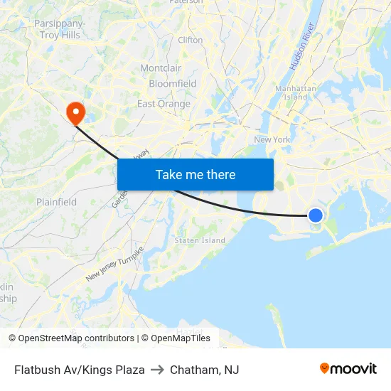 Flatbush Av/Kings Plaza to Chatham, NJ map