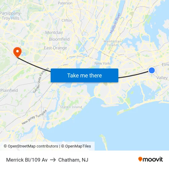 Merrick Bl/109 Av to Chatham, NJ map