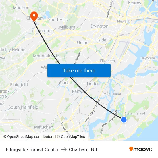 Eltingville/Transit Center to Chatham, NJ map