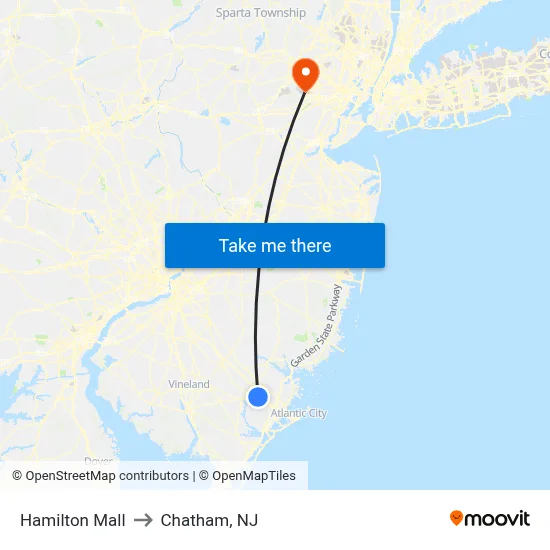 Hamilton Mall to Chatham, NJ map