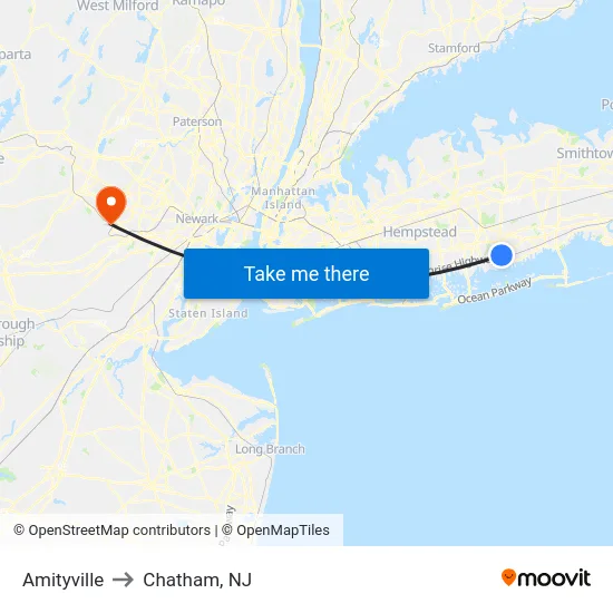 Amityville to Chatham, NJ map
