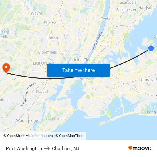 Port Washington to Chatham, NJ map