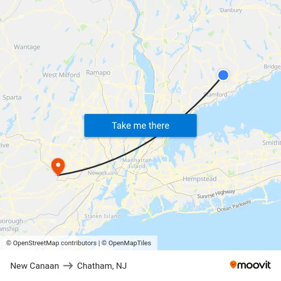 New Canaan to Chatham, NJ map