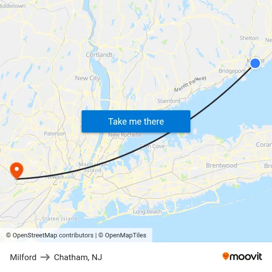 Milford to Chatham, NJ map