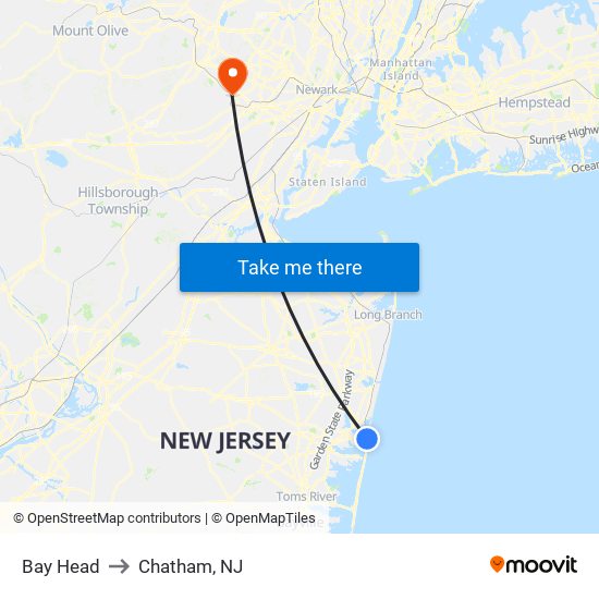 Bay Head to Chatham, NJ map