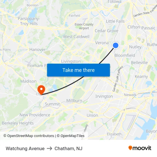 Watchung Avenue to Chatham, NJ map