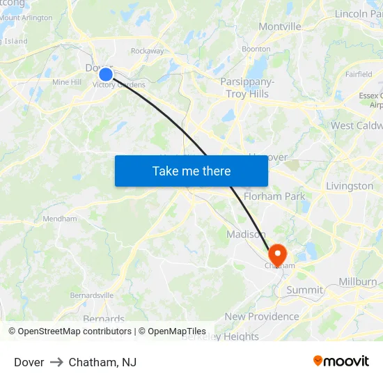 Dover to Chatham, NJ map