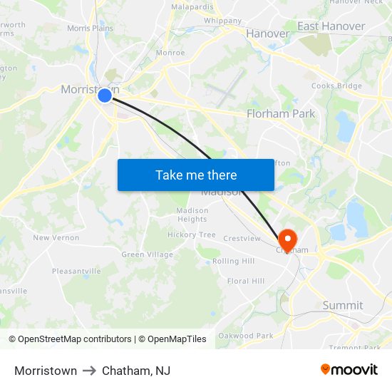 Morristown to Chatham, NJ map