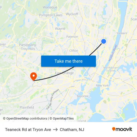 Teaneck Rd at Tryon Ave to Chatham, NJ map