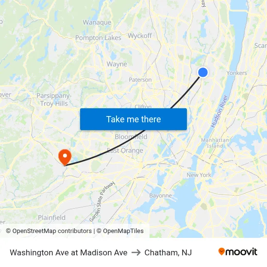 Washington Ave at Madison Ave to Chatham, NJ map